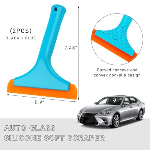 Ohleats 2PCS Small Silicone Window Squeegee, Auto Windshield Water Blade Scraper, All-Purpose Water Squeegee Wiper for Mirror Home Cleaning, Car Accessories (Black+Blue) - color: Black+blue