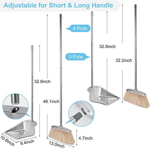 VOOWO Broom and Dustpan Set for Home, Stainless Steel Broom and Dustpan Set with Long Handle, Heavy Duty Dustpan Broom Set Standing Dust Pan Kitchen and Home Indoor Outdoor Broom - color: Silver Broom and Dustpan Set