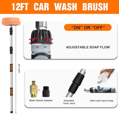 LAANPOLE 12FT Car Wash Brush with Long Handle, Car Cleaning Brush with 12 Inch Soft Bristle and Soap Dispenser, Solar Panels Cleaner with Telescoping Pole for RV, Truck, Boat, House Siding, Orange - color: Orange