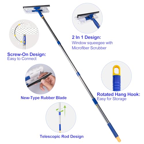 Squeegee for Window Cleaning with Extendable Pole, 53" 2-in-1 Window Cleaning Tool Kit, Shower Squeegee with Long Handle, Indoor/Outdoor High Window Cleaning-Two Pads - size: 53"