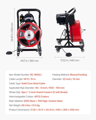 VEVOR Drain Cleaner Machine 50 FT x 1/2 Inch, Manual Feed Sewer Snake Auger on Wheels - with 4 Cutters & Air-activated Foot Switch for 2" to 6" Pipes - style: 50 FT x 1/2'' Manual Feed