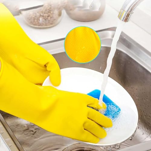 3 Pairs Rubber Gloves Cleaning, Waterproof Reusable Household Non-Slip Kitchen Gloves for Home Bathroom Kitchen