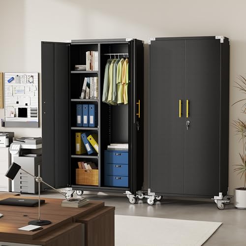 Broom Closet Storage Cabinet, Metal Cleaning Cabinets with Hanging Rod and S-Hooks, Lockable Tool Cabinets, Utility Cabinet for Garden, Office, Laundry Room, Black - color: Black