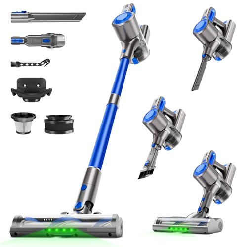 Cordless Vacuum Cleaner for Home, Powerful Stick Vacuum with Rechargeable Battery, Green Light Anti-Tangle Brush, 6-in-1 Lightweight Handheld Vacuum for Pet Hair, Hard Floor, Carpet, Blue - color: Blue