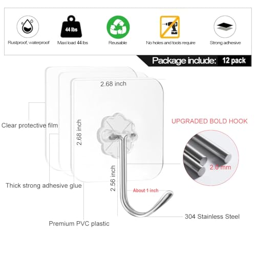 ZESLMG Adhesive Wall Hooks No Damage for Hanging, 12 Pack Large Self Sticky Hooks Heavy Duty 44lb Removable, Clear Hook for Shower Towel Coat Key Picture Wreath Outdoor Bathroom Kitchen, Waterproof - size: 12 Upgraded Large Hook