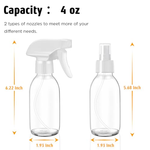 Tecohouse Glass Spray Bottles 4 OZ, Empty Small Spray Bottles 2 Pack for Essential Oils, Cleaning Solutions, Plants, Hair Mister, withDurable Nozzle, Labels, Funnel, Pipettes Clear - color: Clear White Lids