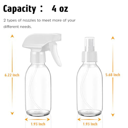 Tecohouse Glass Spray Bottles 4 OZ, Empty Small Spray Bottles 2 Pack for Essential Oils, Cleaning Solutions, Plants, Hair Mister, withDurable Nozzle, Labels, Funnel, Pipettes Clear - color: Clear White Lids