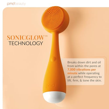 PMD Clean Mini - Smart Facial Cleansing Device with Silicone Brush & Anti-Aging Massager - Waterproof - SonicGlow Vibration Technology - Clear Pores and Blackheads - Lift, Firm, and Tone Skin - color: Orange