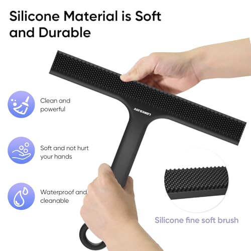 Shower Squeegee for Shower Glass Door Bathroom Accessories, Dual Head Wiper Cleans Water & Hair, Silicone Blade, Non-Slip Long Handle, Glass Window Door Wall Tile Cleaner