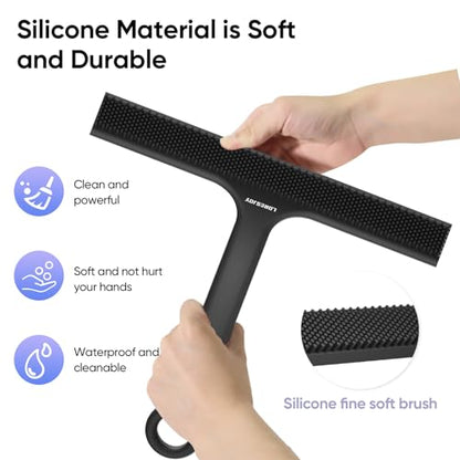 Shower Squeegee for Shower Glass Door Bathroom Accessories, Dual Head Wiper Cleans Water & Hair, Silicone Blade, Non-Slip Long Handle, Glass Window Door Wall Tile Cleaner