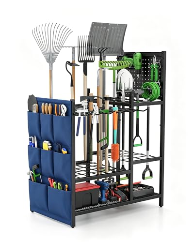 Garden Tool Organizer with Pegboard, Yard Tool Holder Standing for Garage Organization, Up to 30 Long-Handled/10 D-Handled Tools/Rake/Broom/Shovel/, with Side Storage Pocket