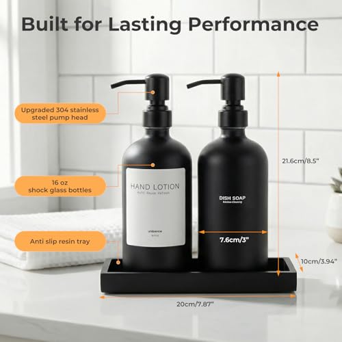2 Packs Glass Dish Soap Dispenser Set for Kitchen, Hand and Dish Soap Dispenser with Stainless Steel Pump & Resin Tray, Rental-Modern Refillable Countertop Soap Dispenser for Bathroom,Matte Black - color: Matte Black