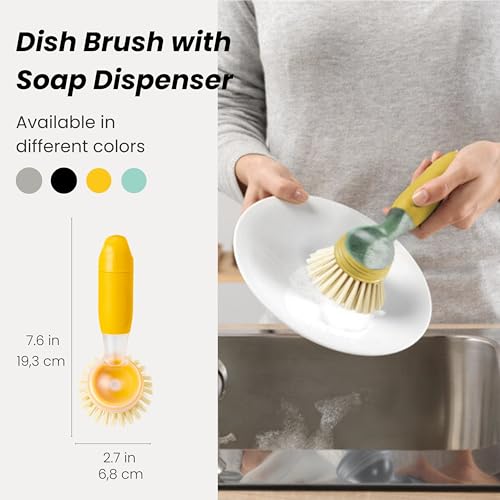 Vigar Rengo Dish Brush with Soap Dispenser - Dish Scrubber with Handle, Kitchen Scrub Brush for Dishes, Sink Cleaning Brush, Soap Dispensing Dish Wand with Nylon Bristles, Non Scratch - Mustard - color: Mustard