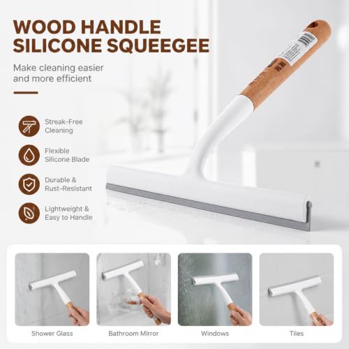 Silicone Shower Squeegee, Wooden Handle Glass Squeegee, Multi-Purpose Window Squeegee for Cleaning Glass Door, Tile Wall, Kitchen Countertop with Stainless Steel Hook & Plastic Squeegee Board