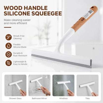 Silicone Shower Squeegee, Wooden Handle Glass Squeegee, Multi-Purpose Window Squeegee for Cleaning Glass Door, Tile Wall, Kitchen Countertop with Stainless Steel Hook & Plastic Squeegee Board