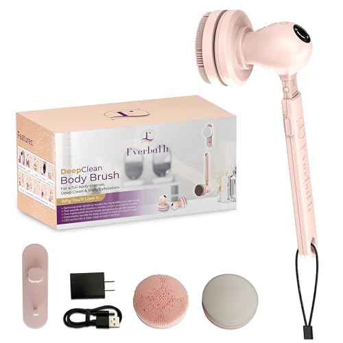 Smart Electric Shower Brush – Waterproof, LED Display, Adjustable Spin & Vibration Modes, Extendable Arm, Anti-Slip Design, Type-C Port, 2 Brush Heads,15 Showers Per Charge, Hanger & Charger - color: Pink