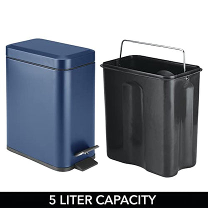 mDesign Small Modern 1.3 Gallon Rectangle Metal Lidded Step Trash Can, Compact Garbage Bin with Removable Liner Bucket and Handle for Bathroom, Kitchen, Craft Room, Office, Garage - Navy Blue - color: Navy, size: 1.3 Gallon