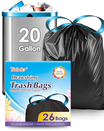 Teivio 20 Gallon 26 Counts Large Drawstring Trash Bags Strong Tall Kitchen Garbage Bags for Home/Office/Light Residential Waste/Outdoor Trash Can, Lawn，Trash Bin liners Black - style: 26-20Gallon-Black