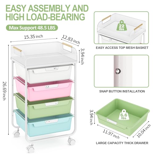 SYKIARIOL Rolling Cart with 4 Drawers,4 Tiers Rolling Utility Cart Craft Cart,Rolling Storage Drawer Cart with Mesh Top,Storage Cart with Drawers & 4 PCS DIY Lable, Classic Colorful