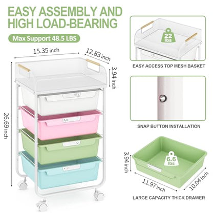 SYKIARIOL Rolling Cart with 4 Drawers,4 Tiers Rolling Utility Cart Craft Cart,Rolling Storage Drawer Cart with Mesh Top,Storage Cart with Drawers & 4 PCS DIY Lable, Classic Colorful