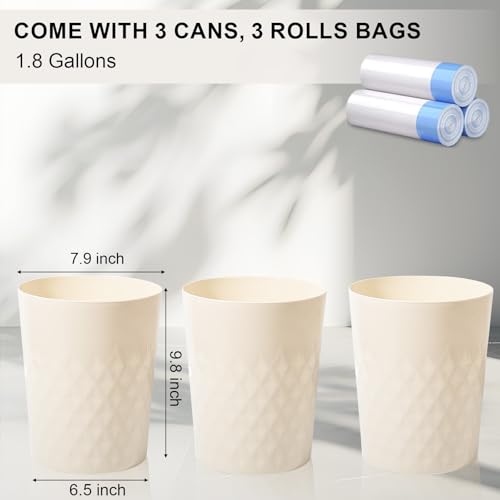 JiatuA 3 Pack Small Trash Can with Trash Bags Bathroom Garbage Bin Round Plastic Waste Basket for Kitchen, Bedroom, Office, College Dorm, Craft Room, Beige - color: Beige