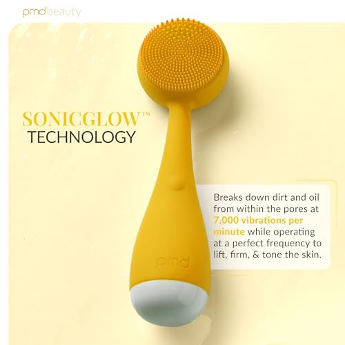 PMD Clean Mini - Smart Facial Cleansing Device with Silicone Brush & Anti-Aging Massager - Waterproof - SonicGlow Vibration Technology - Clear Pores and Blackheads - Lift, Firm, and Tone Skin - color: Yellow