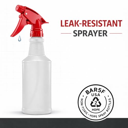 Bar5F Spray Bottles, 16 Oz, 4 Pack, Chemical-Resistant HDPE, BPA-Free, Non-Toxic, Red Trigger Sprayers, Refillable Empty Sprayer Bottle for Cleaning Solutions, Vinegar, Alcohol, Made in USA
