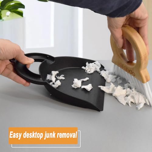 Mini Broom and Dustpan for Housekeeping-Bamboo Handle Small Broom and Dustpan Set Combination Mini Desktop Sweep, Keyboard Cleaning Brush with Shovel Brush,Round Bamboo Handle