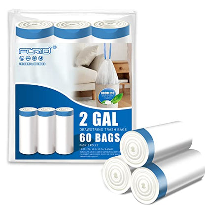 FORID Mini Drawstring Trash Bags - 2 Gallon Small Bathroom Garbage Bags White Plastic Trash Can Liners Disposable Unscented Wastebasket Bags 60 Count for Office bedroom Home 7.5 Liter - color: Best Seller: 2 Gallon - 60 Pack