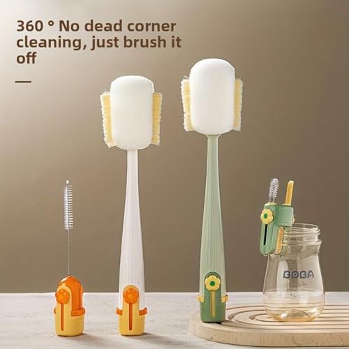 5-in-1 Long Handle Bottle Cleaning Brush Set – Multi-Surface Scrubbing Kit with Sponge & Bristle Heads, Detachable Deep Reach Cleaning Tools (Jasmine Green)