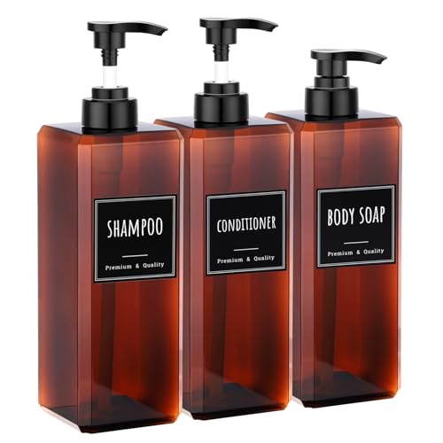 Segbeauty 33.8oz Amber Soap Dispenser Bathroom, 3pcs Plastic Soap Dispenser with Labels, Pump Bottles for Shampoo and Conditioner, 1000ml Large Square Lotion Pump Bottle Refillable Body Wash Container - color: Amber, style: 3pcs