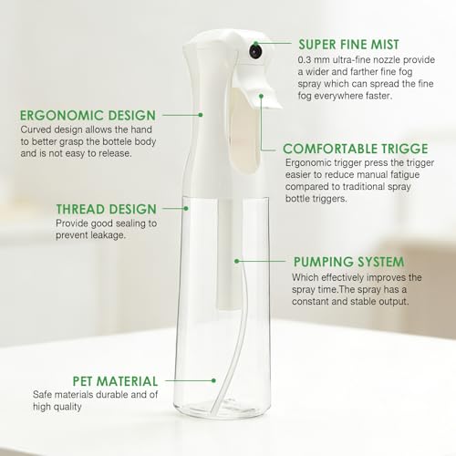THINTON Mist Spray Bottle for Hair (10oz/300ml) - 2 Pcs Continuous Spray Bottle for Salons Cleaning Plants Gardening