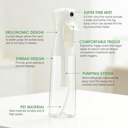 THINTON Mist Spray Bottle for Hair (10oz/300ml) - 2 Pcs Continuous Spray Bottle for Salons Cleaning Plants Gardening