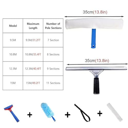 Commercial Professional Window Cleaning Tool, 3 in 1 High Window Washing Kit with Aluminum Pole & Fiber Duster, Window Cleaner Tools for Hard to Reach Outside/Housekeeping(9.5m/31.2ft) - size: 9.5m/31.2ft