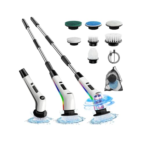 Electric Spin Scrubber Cordless,Lucklights Cleaning Brush Power Shower 7 Brush Heads 3 Speeds 120Mins Work Time Adjustable Extension Arm for Bathroom Tub Kitchen Floor Car