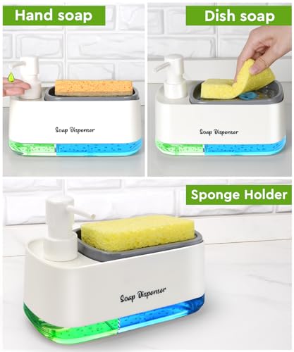 Hand and Dish Soap Dispenser Set for Kitchen, Dual Soap Dispenser with Sponge Holder, 3-in-1 Countertop Soap Pump Dispenser for Kitchen Sink, Useful Kitchen Gadgets - White - color: White