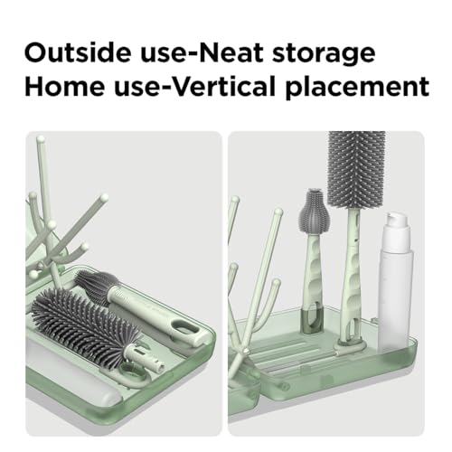 YOTIME Travel Bottle Brush Set, Auto-Open Rack & Vertical Brushs Drying Slots, 3 Brushes, Foldable Drying Rack, Dispenser, Travel Baby Essentials for On-The-Go Parents, Transparent Green - color: Transparent Green
