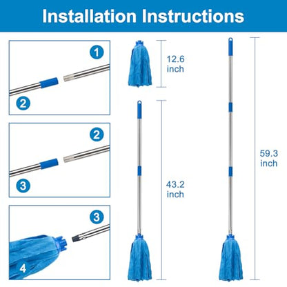 KeFanta Mop, Microfiber Cloth Mops for Floor Cleaning, One Pole with Two Microfiber Cloth Wet Mop Refills, String Mop with 49" Long Handle, Blue (1 Handle & 2 Mop Heads)