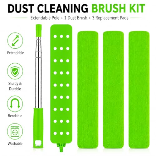 Retractable Gap Dust Cleaner with Extension Pole 30'' to 100'', Cleaning Tools with 3 Microfiber Dusting Cloths, Extendable Long Handle Duster for Cleaning Under Refrigerator Furniture Appliance Green - color: Green