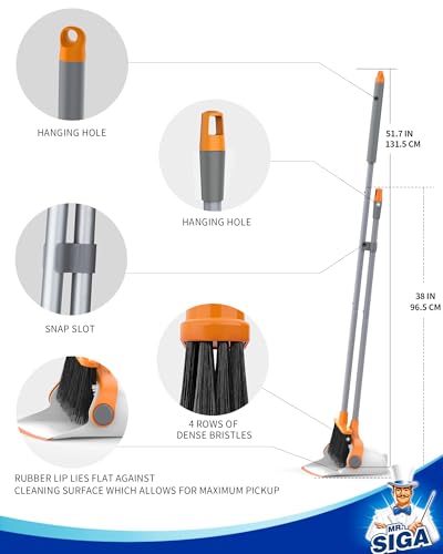 MR.SIGA Broom and Dustpan Set with Long Handle, Stand Upright Broom with Dustpan Combo for Cleaning Office, Garage, Lobby, Lightweight Sweeping Set, 51.7"(131 cm) Long Handle, White & Orange - color: White & Orange