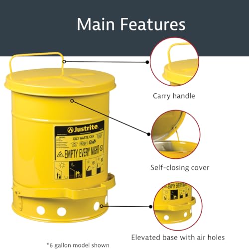 Justrite 14 Gallon Galvanized Steel Oily Waste Can, 20" x 16" Metal Oil Rag Safety Can with Foot Operated Self-Closing Lid for Oil Rag Disposal, Made in The USA, Yellow, 09501 - color: Yellow, size: 14 Gallon, style: Foot-Operated Lid