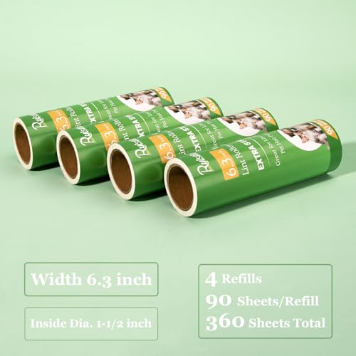 6.3 inch Lint Roller Refills Only for 6.3'' Large Lint Rollers Extra Sticky Lint Pet Hair 6.3 inch Replacement Rolls, Pack of 4 Refills, 90 Sheets per Refill, 360 Sheets Total - size: 6.3 inch