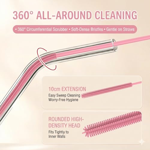 2-in-1 Dual-Ended Silicone Straw Cleaner Brush, Extra Long Reusable Straw Brush for Narrow Metal & Wide Smoothie Straws, Soft Bendable Cleaning Tool for Tumblers, 6mm + 9mm, Pink