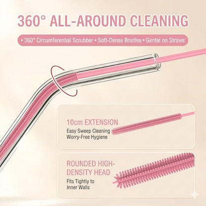 2-in-1 Dual-Ended Silicone Straw Cleaner Brush, Extra Long Reusable Straw Brush for Narrow Metal & Wide Smoothie Straws, Soft Bendable Cleaning Tool for Tumblers, 6mm + 9mm, Pink