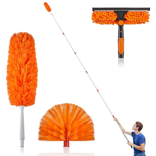 4-30 Ft Window Squeegee Cleaning Kit, Window Washing Kit with Extension Pole, 2-in-1 Window Cleaner Tool with Long Handle Scrubber for Outdoor Indoor Use (Microfiber Feather Duster & Cobweb Duster)