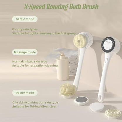 Electric Body Brush, 3 Speed Silicone Body Scrubber with LCD Display, 5in1 Back Scrubber for Shower, Waterproof Rotating Body Brushes, Rechargeable Bath Brush for Clean Exfoliate Massage (Green) - color: Green