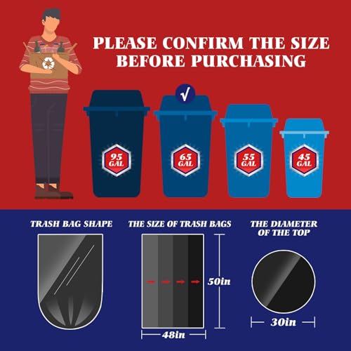 Teivio Black Large Trash Bags 64-65 Gallon 13 Count | Large Multipurpose | Fit 60,62,63,64,65 gallon Garbage Bin Liner | Kitchen | Lawn And Leaf Bags Outdoor Yard Waste Bag | Workshops Trash - size: 1 Count (Pack of 13), style: 13pcs-64 65 Gallon-Black
