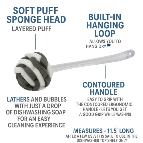 Glass Sponge Dish Brush with Handle – 11.5" Puff Head Kitchen Cleaning Brush for Glasses, Bottles, Dishes & Vases – Soft Layered Sponge with Ergonomic Clear Handle - color: Gray