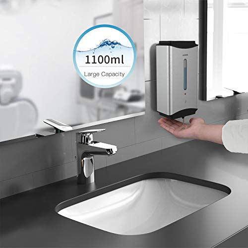 AIKE Automatic Soap Dispenser Commercial Wall Mounted Liquid Dispenser Brushed Stainless Steel Finish 1100ml Large Capacity - color: Brushed Stainless Steel