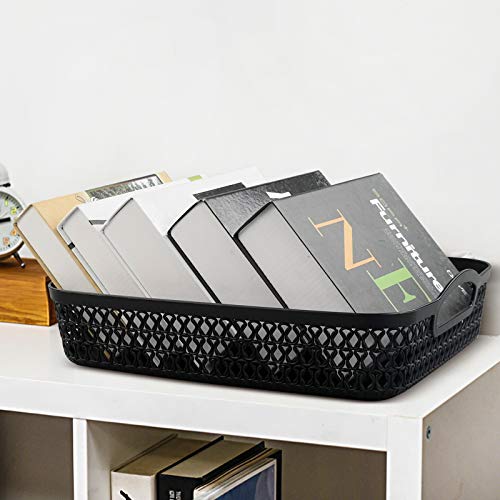 Large Plastic Storage Basket Tray with Handle, Black, Pack of 6 - size: large